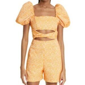 Autumn Adeigbo Orange Spot Liadan Floral Puff Sleeve Cutout Romper